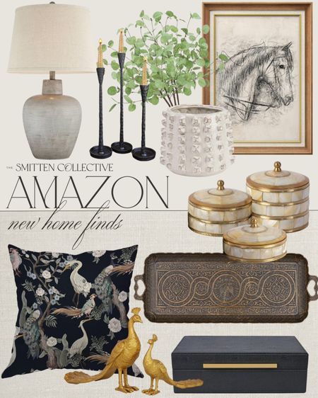 Amazon new home finds includes horse wall art, v planter, tray, candle stick holder greenery stems, lamp, throw pillow, gold peacock decor, and black decorative box.

Home decor, home accents, styled home, Amazon finds

#LTKstyletip #LTKfindsunder50 #LTKhome