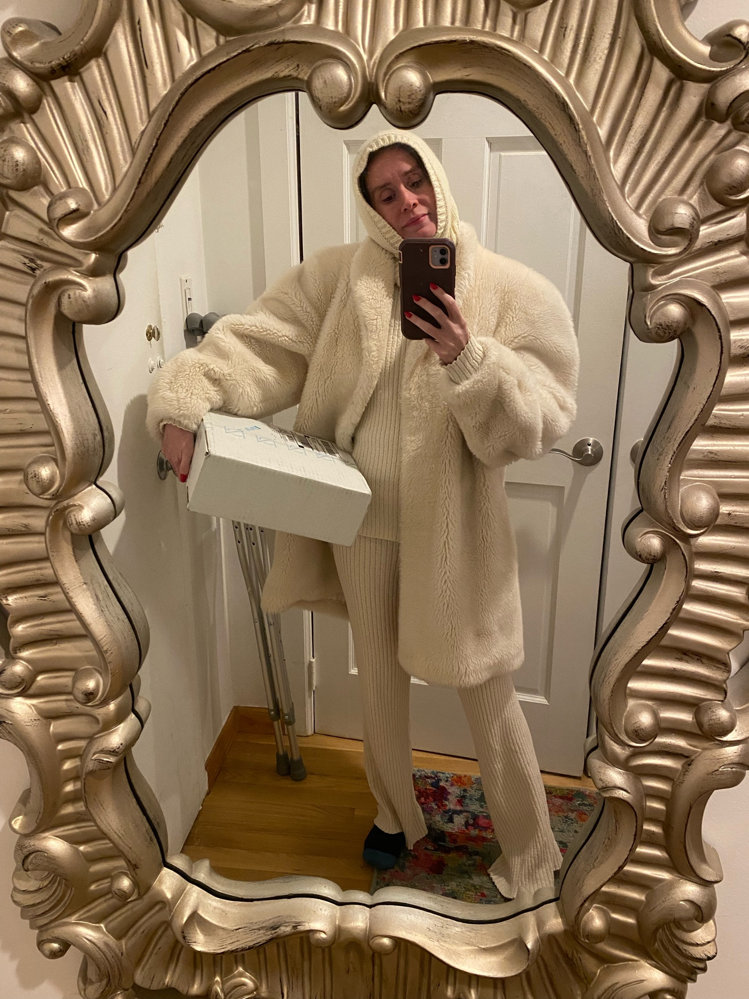 Cream colored knit pant set, skiing, lounge, cream fur coat 