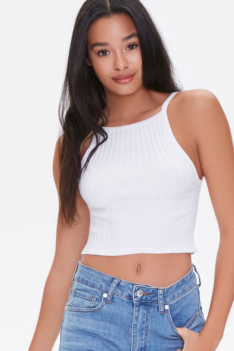 Ribbed Sweater-Knit Cropped Cami in White Small | Forever 21 (US)