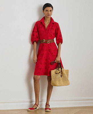 Women's Eyelet Voile Balloon-Sleeve Collared Shirt Dress | Macy's