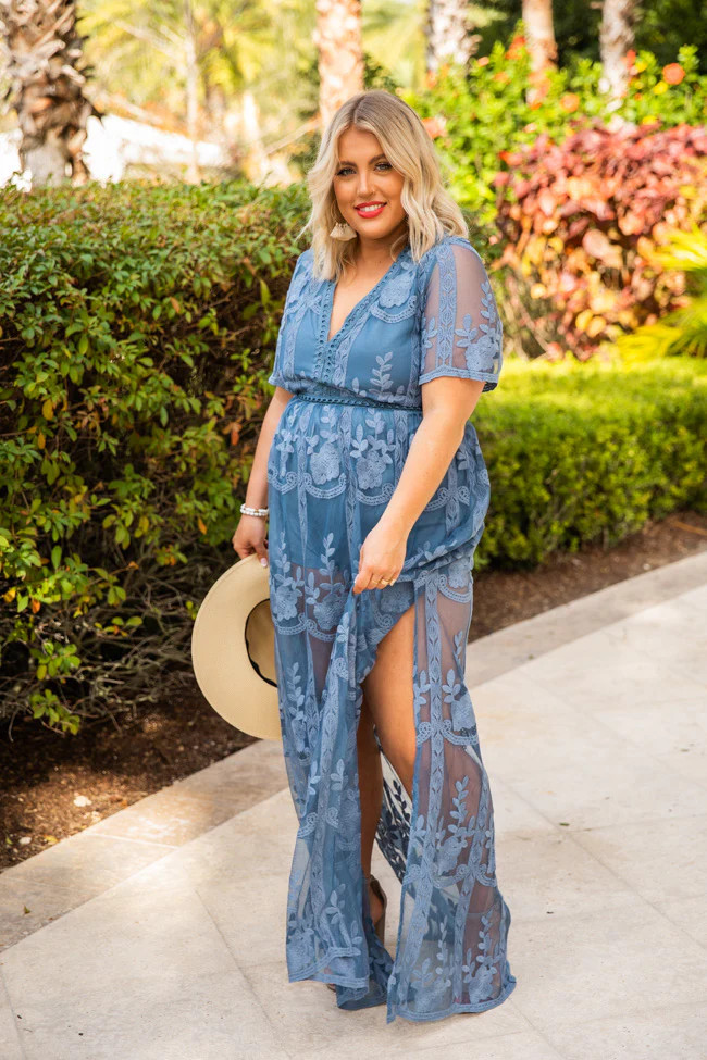 Crossing Paths Lace Maxi Blue Dress Romper FINAL SALE | Pink Lily