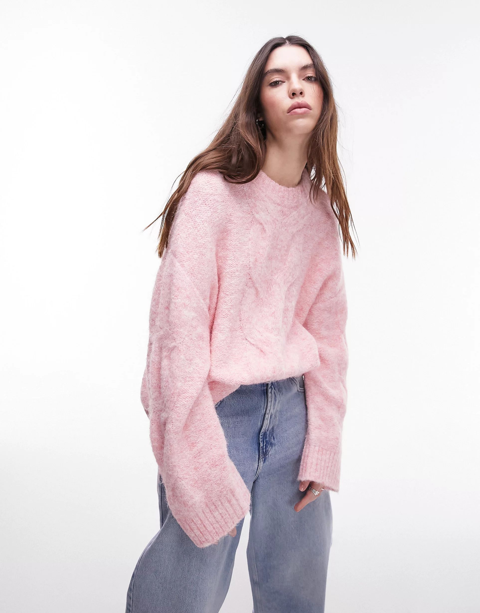 Topshop knitted fluffy cable front two tone jumper in pink | ASOS (Global)