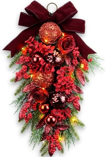 24" Decorative Teardrop Swag, Artificial Christmas Swag with Red Hydrangea & Baubles, Purple Bowk... | Amazon (US)