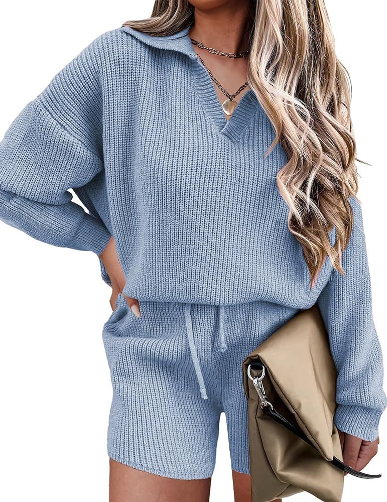 Ekouaer Women's 2 Piece Outfits Long Sleeve Knit Top and Short Pajama Sets Oversized Sweatsuit Sw... | Amazon (US)