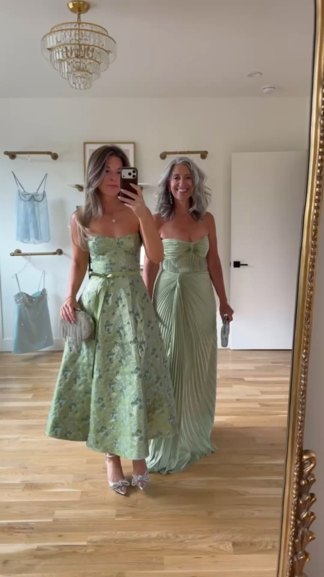 🌿 the sage and green pairing that photographs beautifully against every wedding backdrop.

A green floral brocade strapless midi with a structured bodice and a full A-line skirt that holds and moves with effortless garden wedding grace. 

A sage plissé strapless column that skims and elongates with total sleek sophistication all evening long.

I wear a medium or 6. Emerson wears her usual small or 2.

Save this for your next invitation.

Share it with a friend who's shopping. 💌

#weddingguestdress #motherofthebride #springwedding #gardenwedding #weddingseason2026

#LTKSeasonal #LTKOver40 #LTKWedding