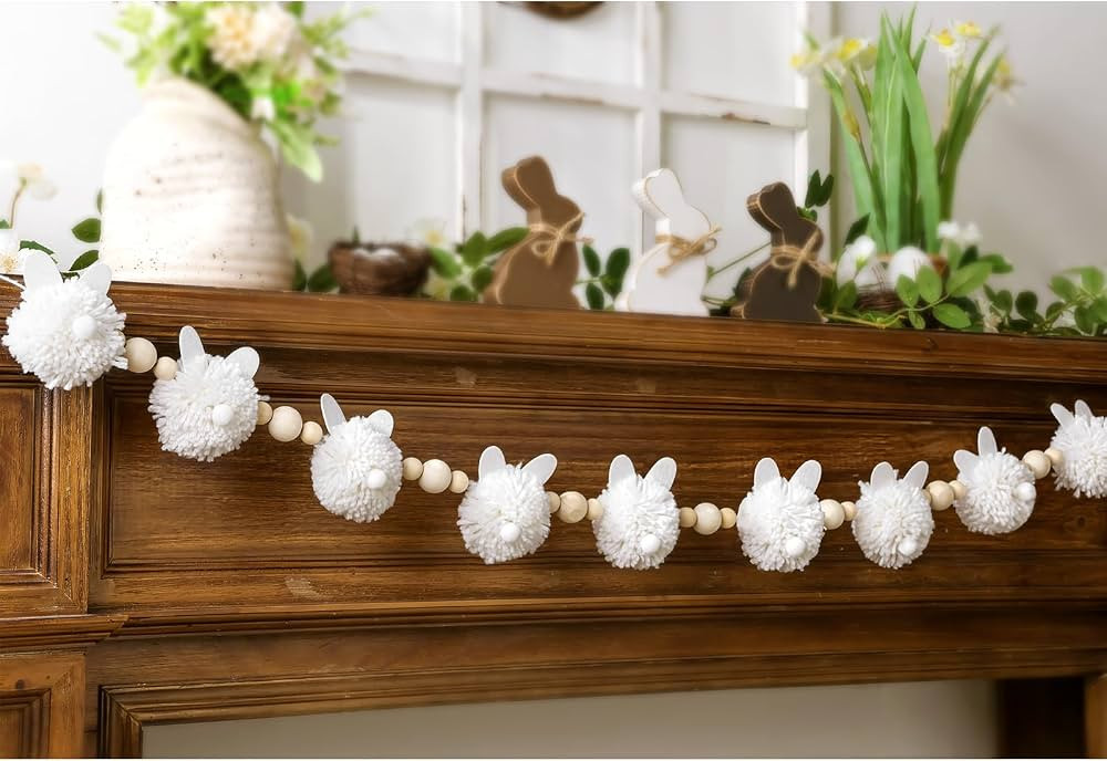 Easter Garland Decorations: Cute White Bunny Easter Garland with Wooden Beads, Rustic Rabbit Bann... | Amazon (US)