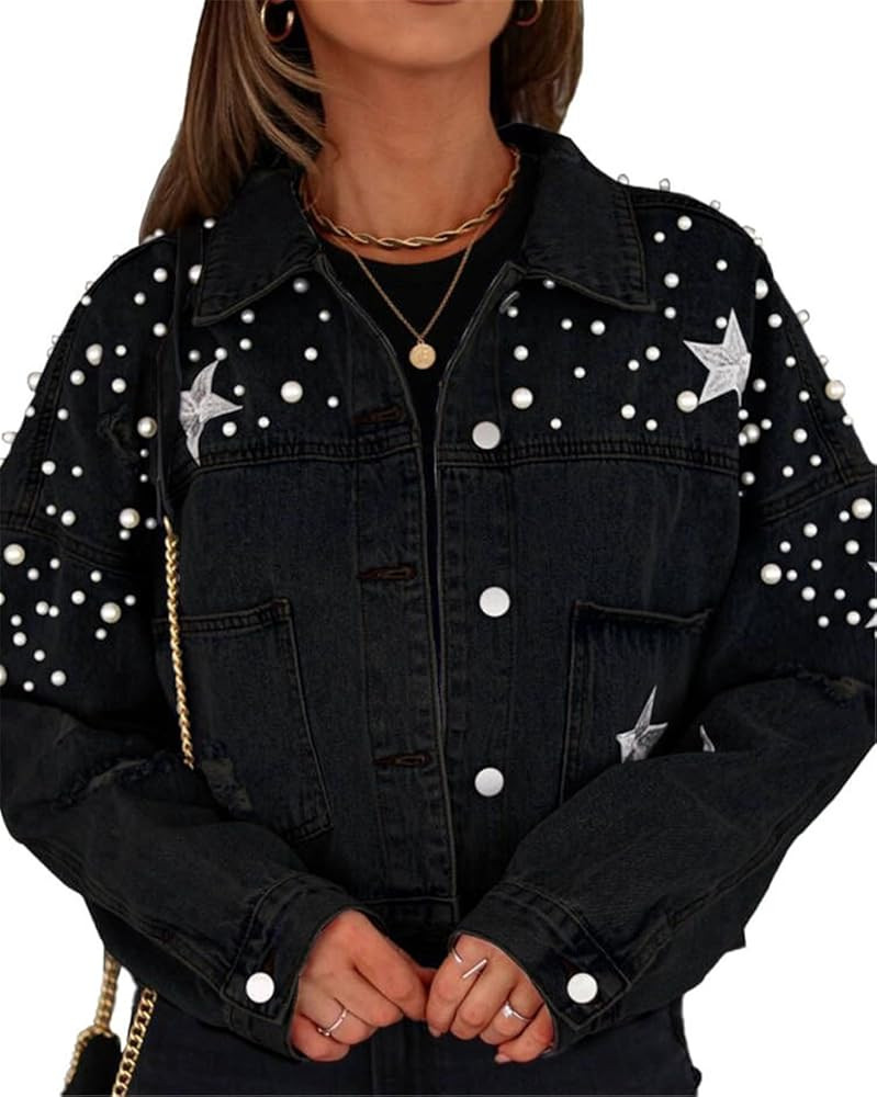 Women Oversized Denim Jacket Long Sleeve Distressed Pearl Star Jean Jacket Coats | Amazon (US)