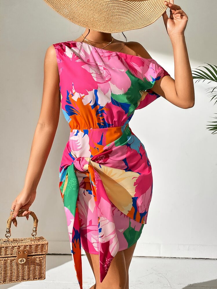 Breezaya Floral Print Asymmetrical Neck Knot Side Dress | SHEIN