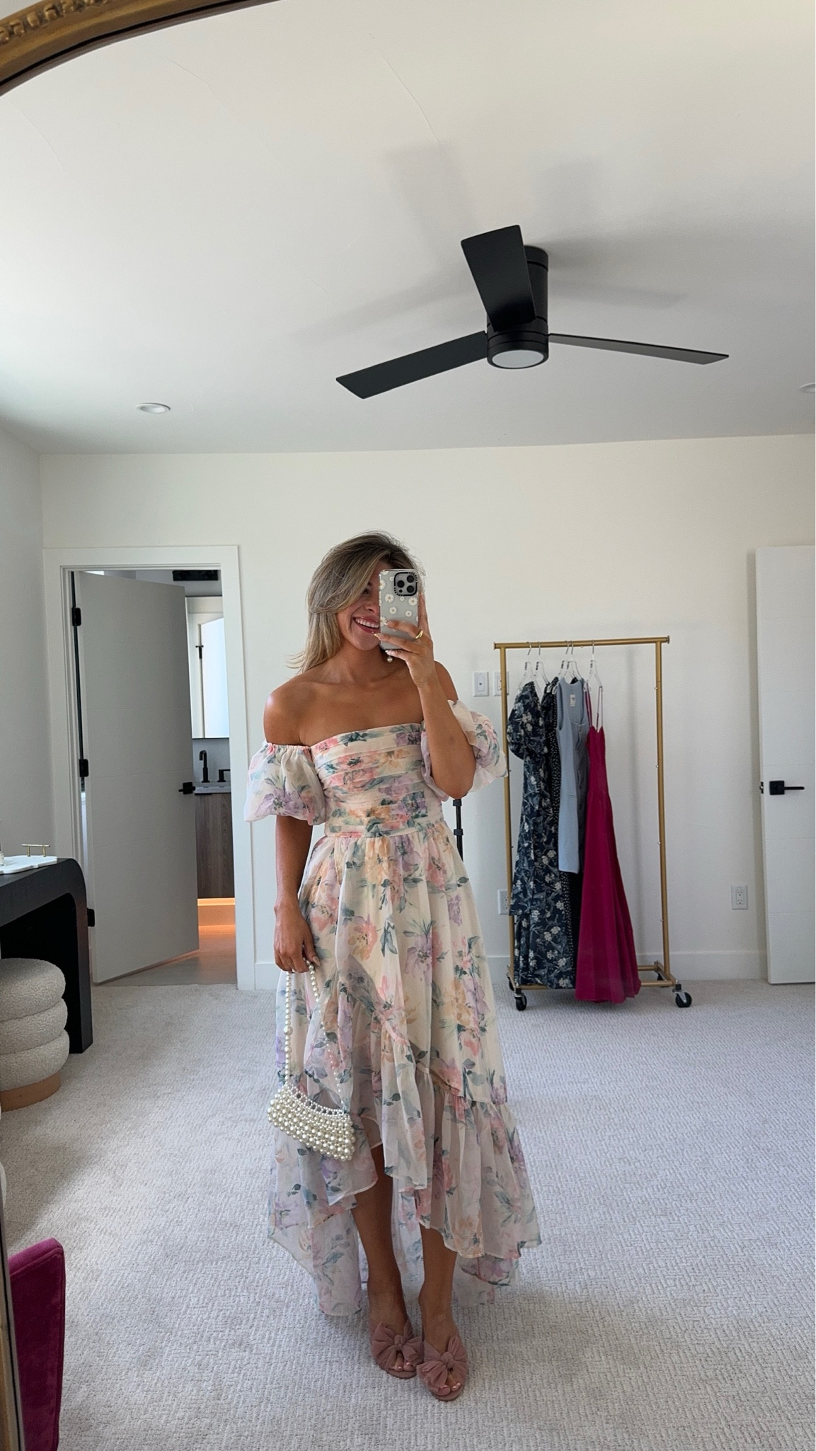 Floral puff off the shoulder midi wedding guest dress from Abercrombie fall formal event dress. 

Wearing my usual small/2 

#LTKWedding #LTKParties #LTKStyleTip
