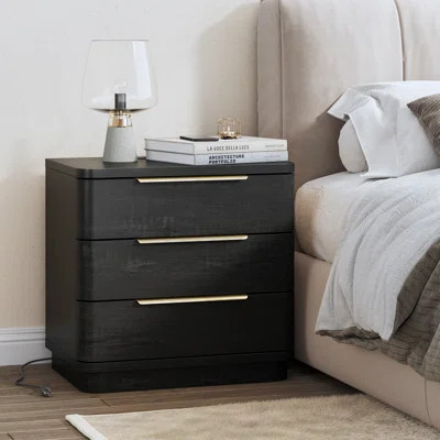 Nightstand With Charging Station, Mid Century Bedside Table With 3 Drawers, Black | Wayfair North America