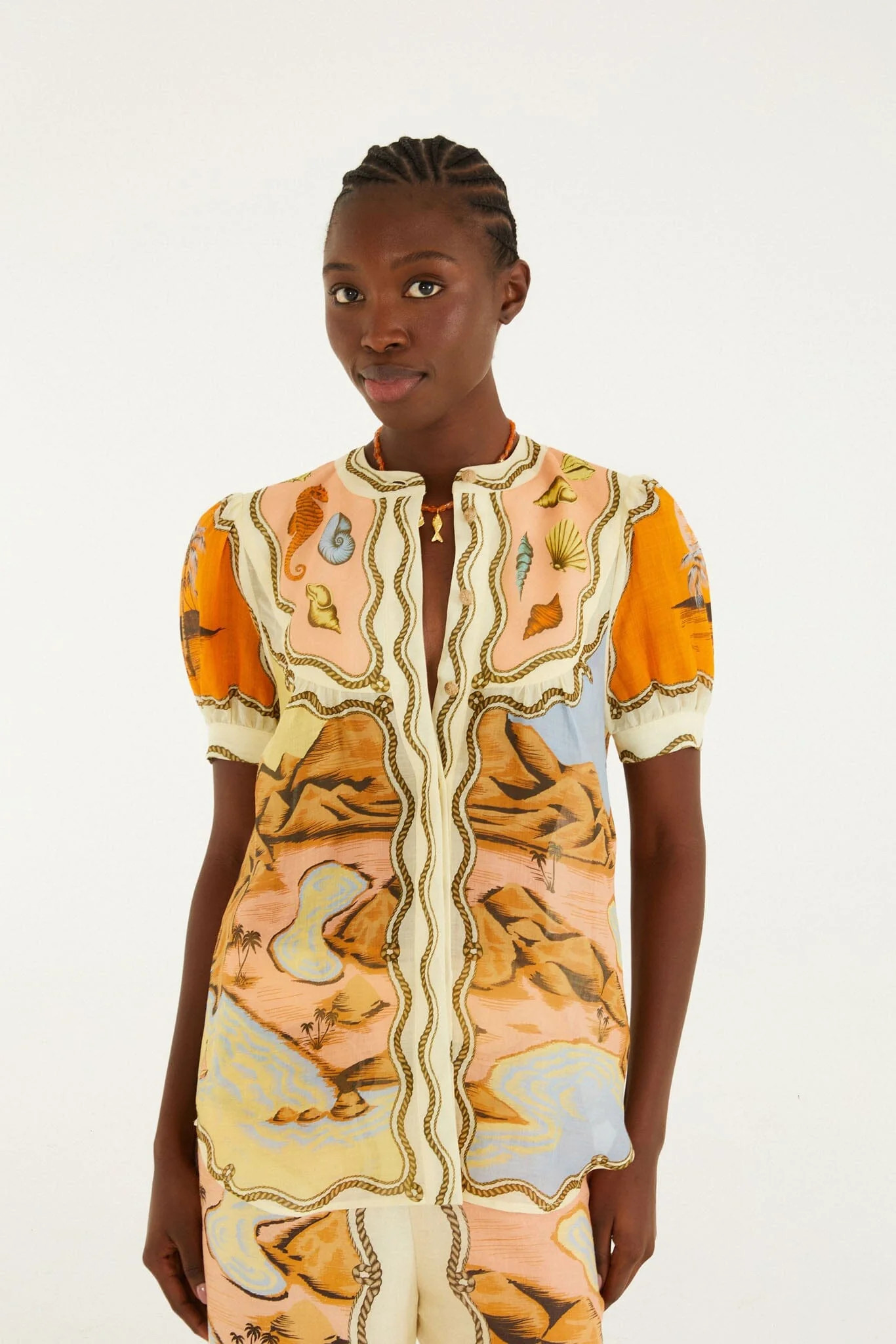 Multicolor Rio Souvenir Scarves Puff Sleeve Blouse | FARM Rio | FarmRio (US)