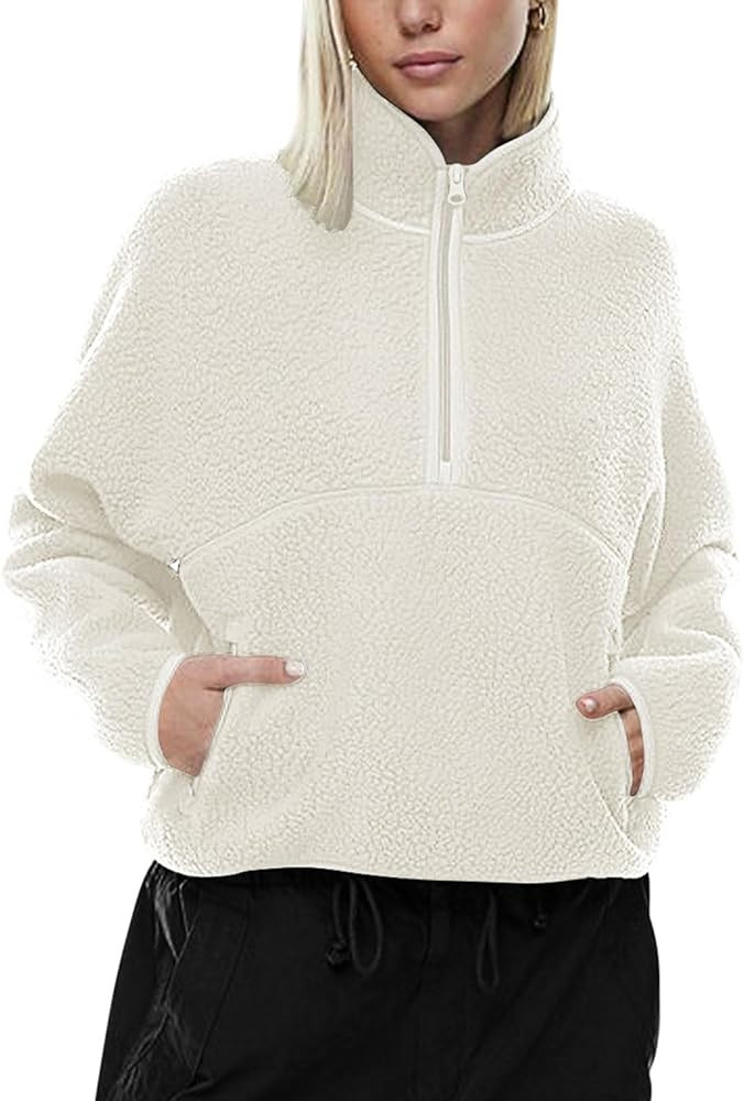 LASLULU Womens Half Zip Pullover Cropped Sweatshirts Sherpa Fleece Jacket Fuzzy Sweaters Cute Win... | Amazon (US)