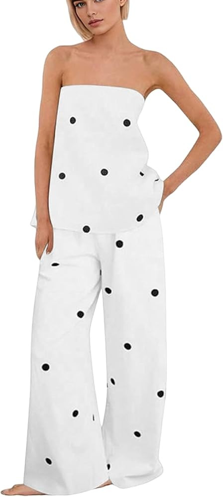 Women Polka Dot 2 Piece Outfits Sets Strapless Bandeau Blouse High Waist Wide Leg Pants Summer Va... | Amazon (US)
