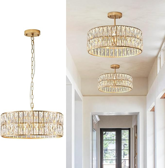 CATINER Modern Crystal Chandelier for Dining Room Gold Semi Flush Mount Ceiling Light Fixtures 18... | Amazon (US)