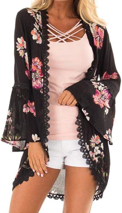 PINKMSTYLE Women's Floral Print Kimono Sheer Chiffon Loose Cardigan | Amazon (US)