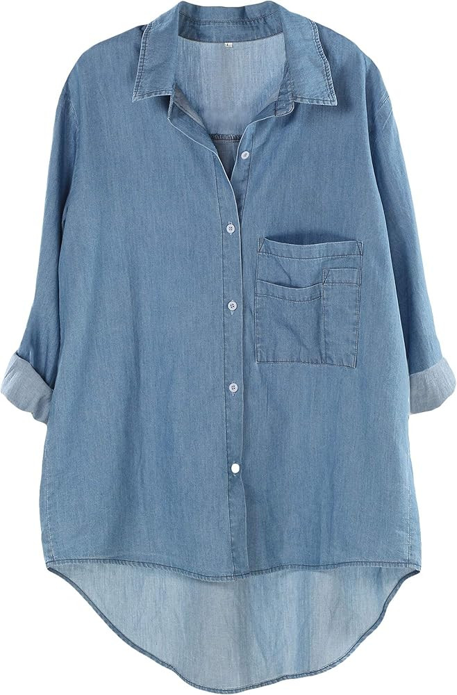 Minibee Women's Long Sleeve Shirts Button Down Blouse Cotton Tunic High Low Tops | Amazon (US)