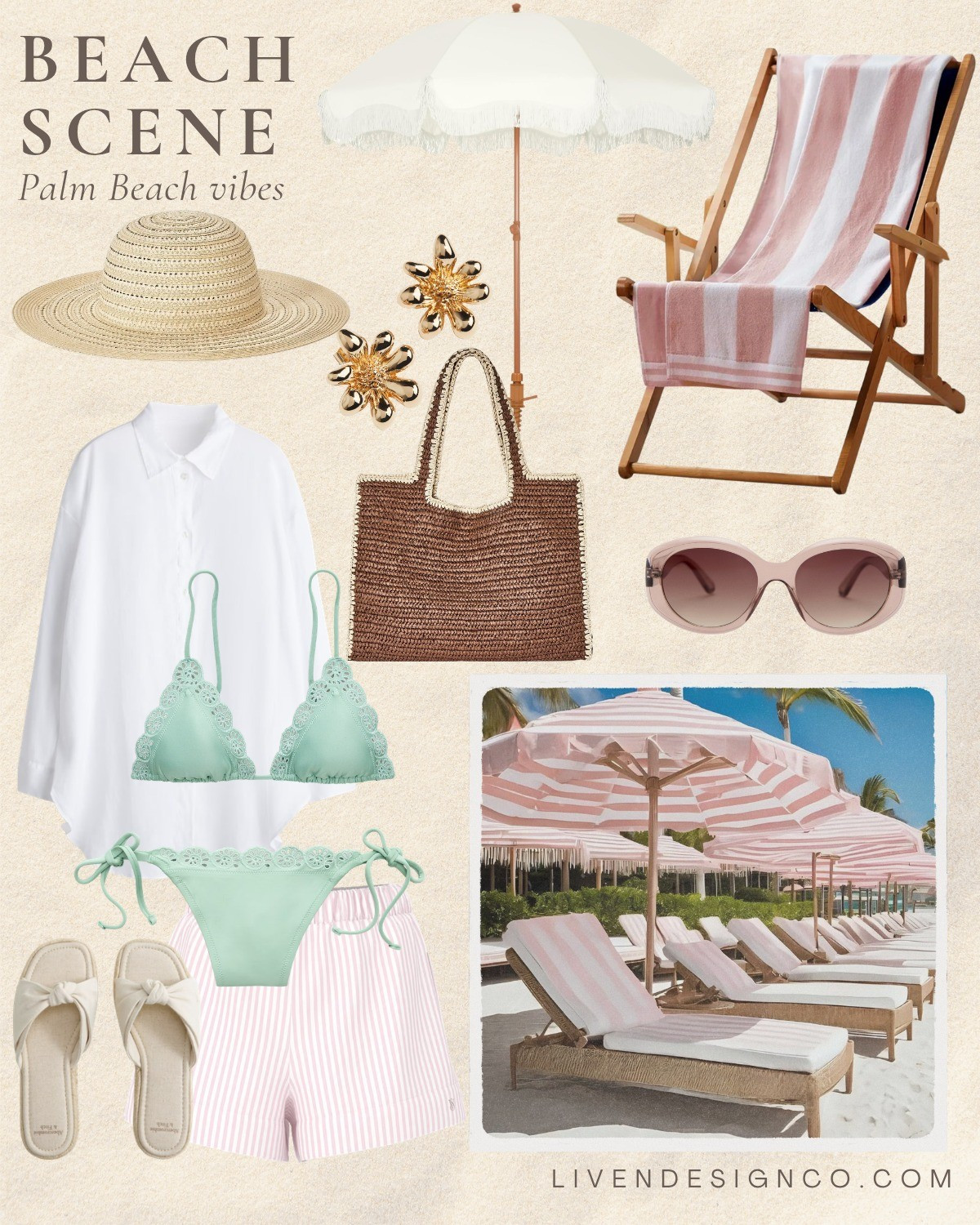 Palm Beach style. Beach outfit. Mint swimsuit. Bikini. Beach folding chair. Beach umbrella. Cabana stripe beach towel. Slide sandals. Straw hat. Flower earrings. Sunglasses. Linen striped shorts. Linen button down. Swim cover up

#LTKSeasonal #LTKSwim #LTKTravel