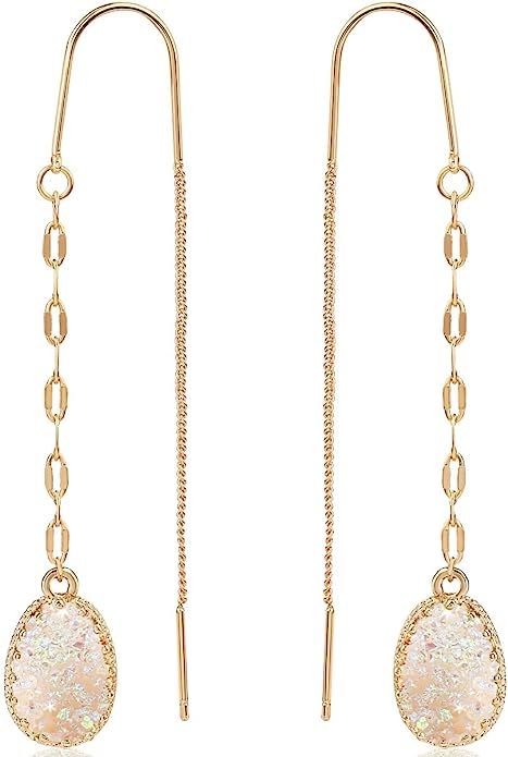 Humble Chic Simulated Druzy Chain Bar Threaders - Boho Glitter Gold-Tone Long Sparkly Needle Drop... | Amazon (US)