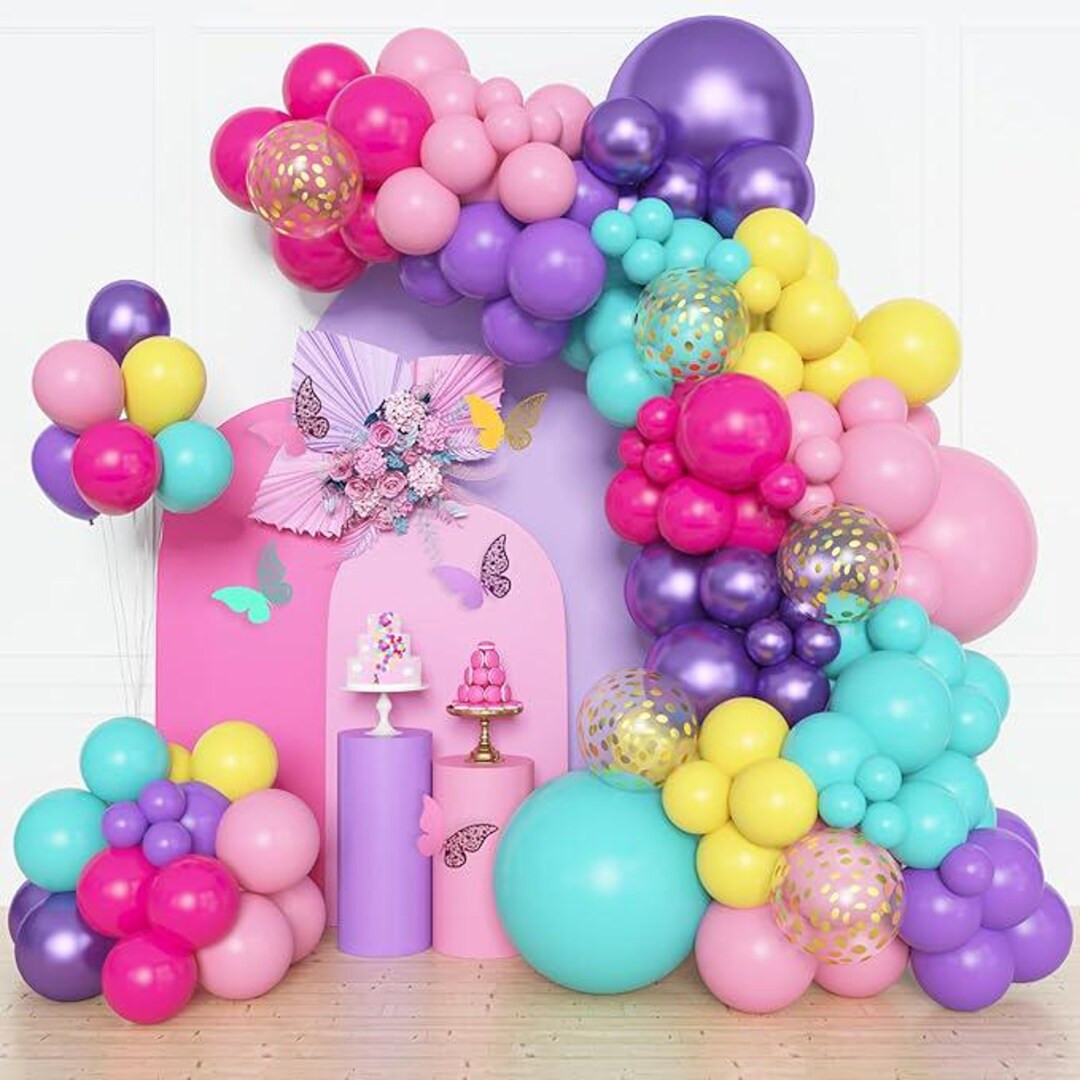 153pcs Purple Blue Pink Balloon Arch Kit With Teal Yellow Metallic Confetti - Etsy | Etsy (US)