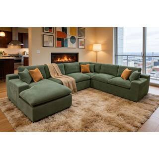 Phoebe 135 in. Square Arms Polyester Blend Modular Compressed Sectional Sofa in Dark Green with Chaise, Storage Pockets | The Home Depot
