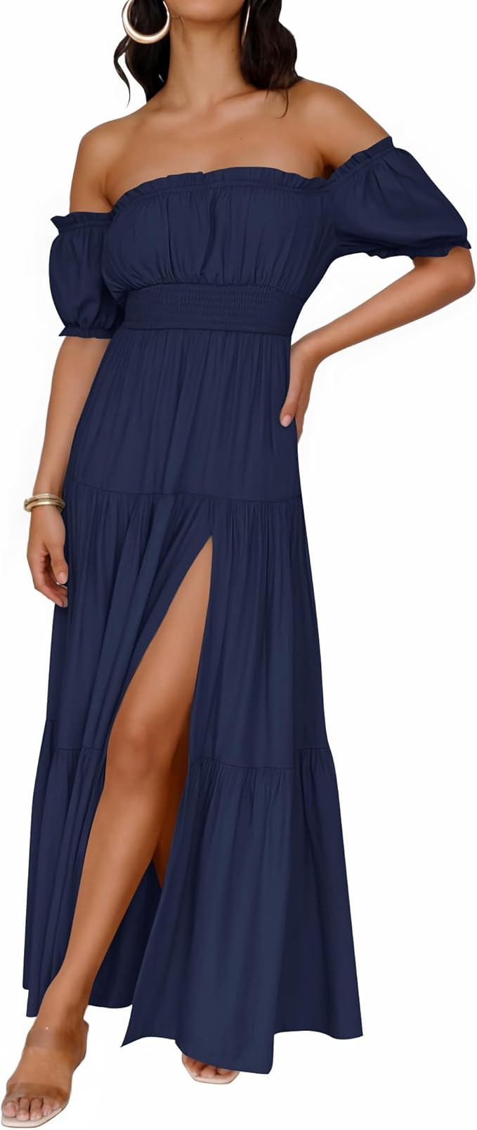 ZESICA Women's Boho Off Shoulder Wedding Guest Dress 2026 Summer Side Split Flowy A Line Long Max... | Amazon (US)