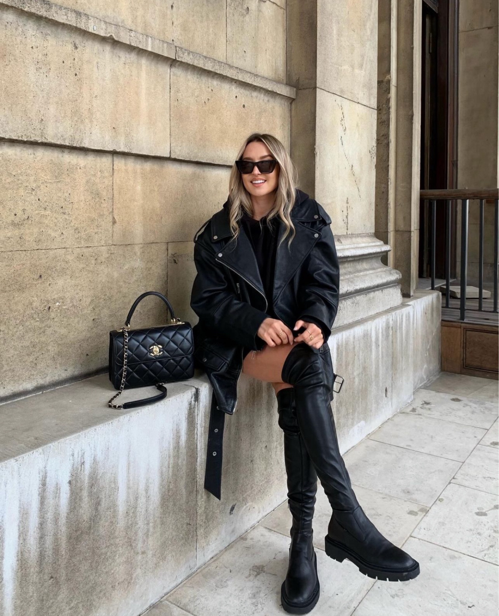 Leather biker jackets are amazing autumn capsule wardrobe pieces! And they look amazing with oversized hoodies, over the knee leather boots and black accessories for the most effortlessly chic look

#FashionMonth #LTKautumn