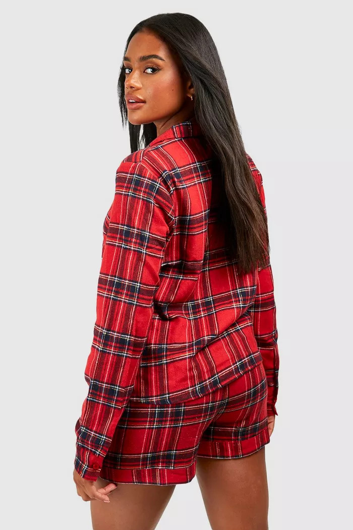 Brushed Flannel Long Sleeve Pj Shorts Set | boohoo (US & Canada)