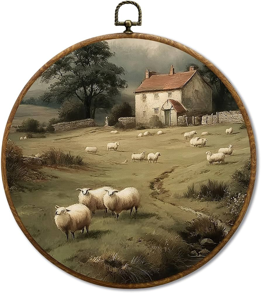 JUIOEIU Vintage Farmhouse Sheep Round Wall Decor, Country Landscape Framed Canvas Prints, Rustic ... | Amazon (US)