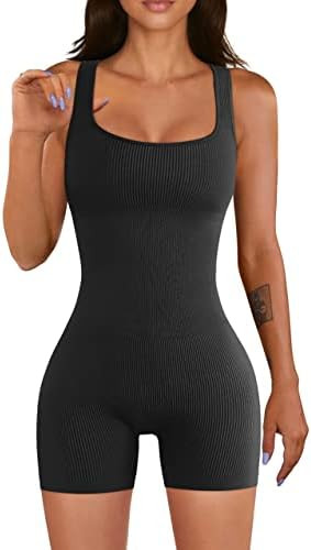 YIOIOIO Women Workout Romper Yoga Ribbed Square Neck One Piece Seamless Tank Top Jumpsuit | Amazon (US)