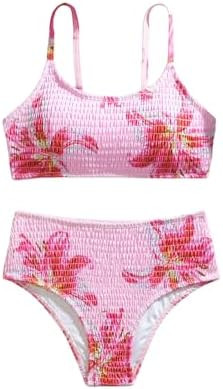 Girl's 2 Piece Floral High Waisted Swimsuit Smocked Wireless Bathing Suit Boho Holiday Beachwear ... | Amazon (US)