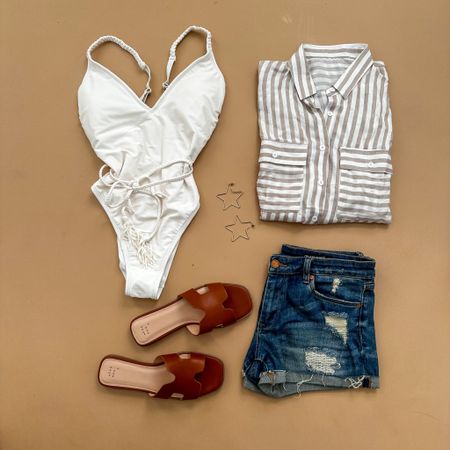 Women's Striped Classic Button-Up Cover Up - Cupshe wearing size medium. Women's Braid Detail Extra High Leg One Piece Swimsuit - Shade & Shore™ Off-White. Women's Nina Slide Sandals - A New Day™ [BLANKNYC] Denim Shorts. 
