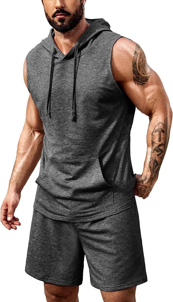COOFANDY Men's Workout Hooded Tank Tops Sleeveless Gym Shirt Sweat Shorts Hoodie Set 2 Piece Outf... | Amazon (US)