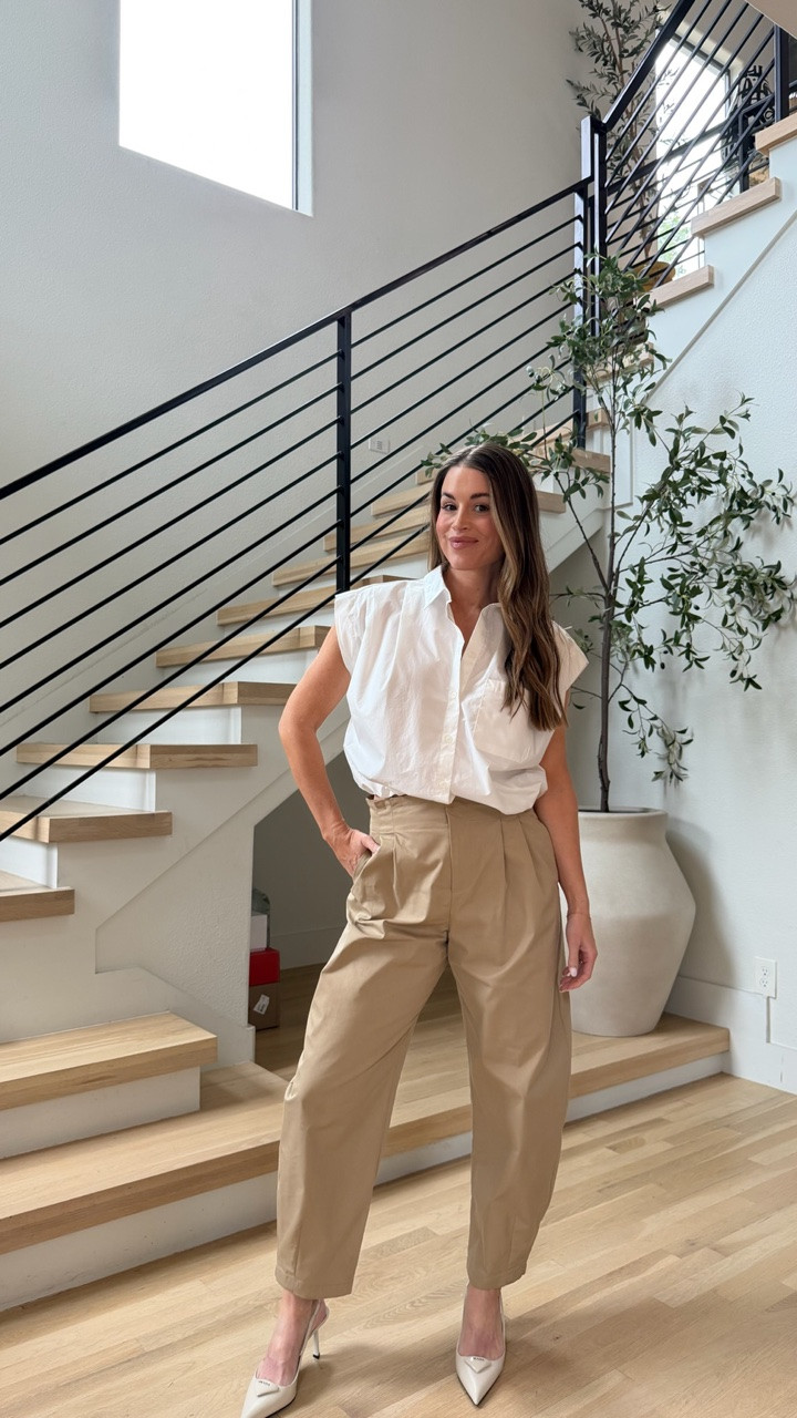 In love with this sleeveless white top! It’s kind of a boxy fit and stretchy at the waistband. Very comfortable and wearing a small!

Paired it with these khaki pants I showed your earlier this week. High waisted with a subtle barrel leg fit. Very flattering and slimming. So good and wearing on repeat lately!  @Zara

#LTKWorkwear #LTKootd #LTKgrwm