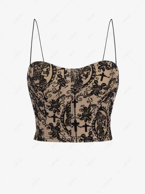 Lace Flocking Floral Padded Crop Camisole - Light Coffee S | ZAFUL (Global)