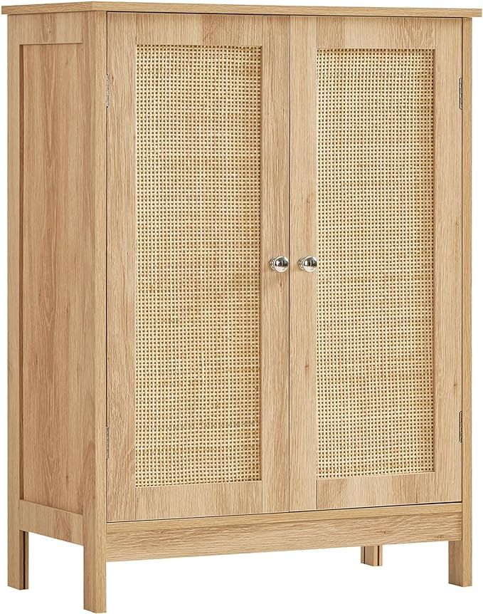 Iwell Storage Cabinet with Rattan Doors, Bathroom Storage Cabinet with Adjustable Shelf, Floor Ca... | Amazon (US)