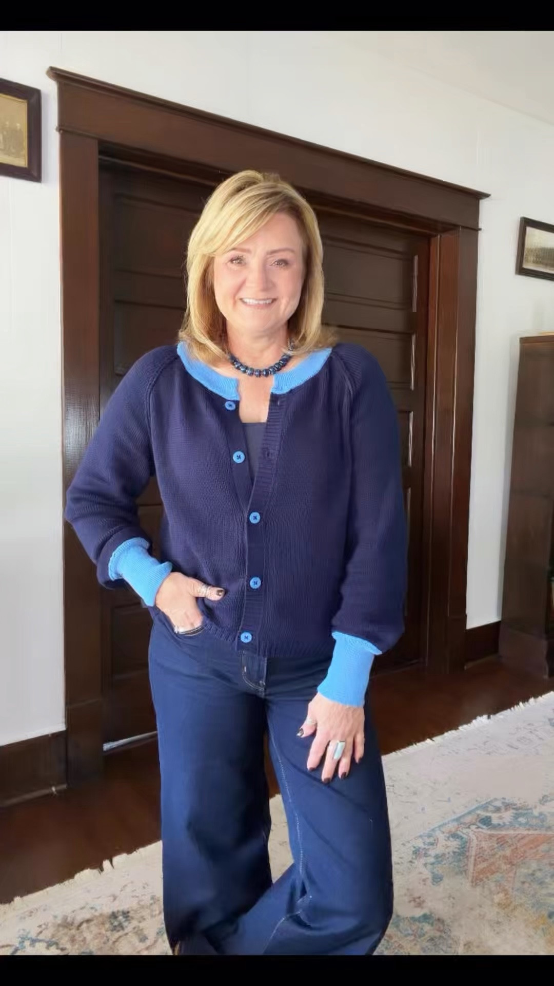 This sweater is so well made and great weight.  Love the contrasting trim.  Wearing my true size.

#LTKootd #LTKOver40