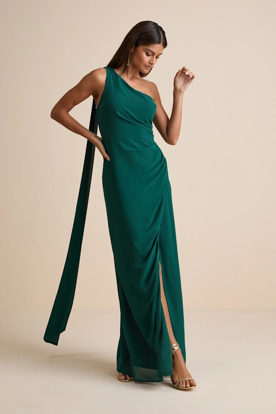 Adeline Emerald One-Shoulder Scarf Maxi Dress Emerald Maxi Dress Emerald Dress Maxi Dresses Winter | Lulus