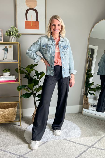 Graphic tee outfit styled with a denim jacket and wide leg pants. 
T-shirt- xs
Pants- xs/petite
Jacket- smalll

#LTKfindsunder50 #LTKstyletip #LTKSeasonal