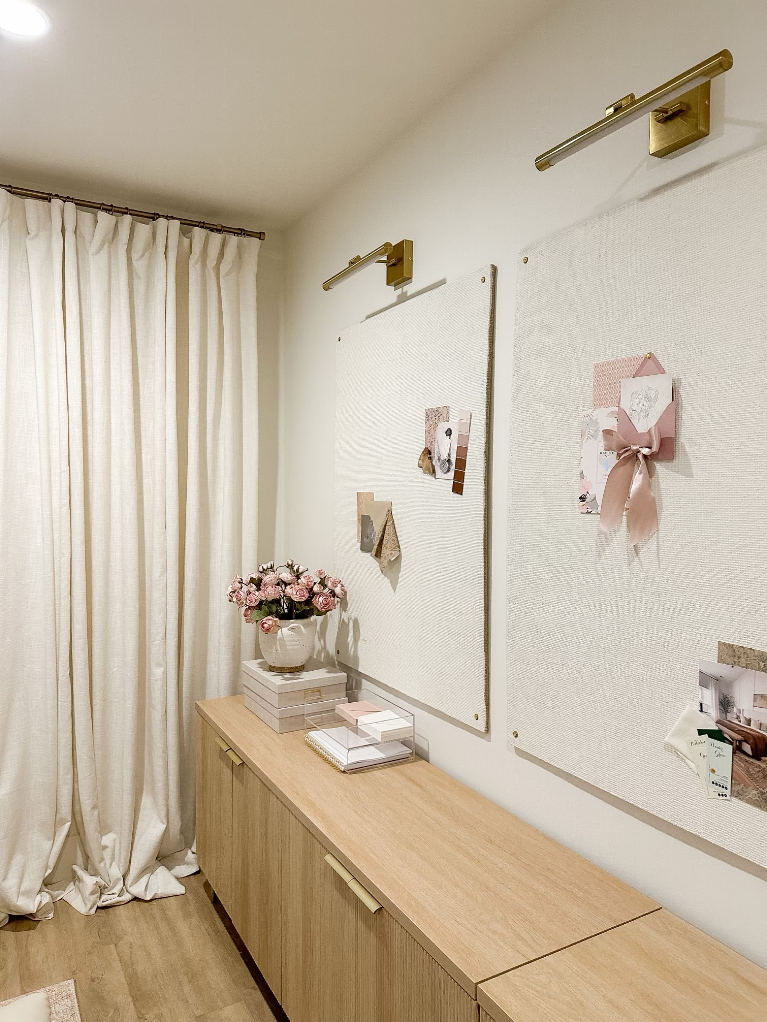 Neutral office details! Originally I was unsure of placing a bulletin board on my wall - and so many. I couldn’t be any happier with how they turned out along with these beautiful wall sconces to highlight the boards 

Neutral office, office refresh, light and bright, aesthetic home office, work from home office, sibeboard, furniture favorites, faux linen curtain, gold detail, Target style, found it on Amazon, acrylic organizers, aesthetic organization, lighting details, shop the look!

#LTKstyletip #LTKhome #LTKSeasonal