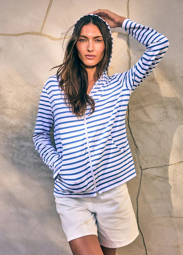 PLOUGASTEL II - Striped Hoodie Jacket in Stretch Fabric with UV Protection (WHITE / MER BLUE) | Saint James