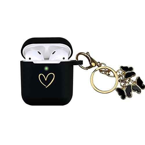 AIIEKZ Compatible with AirPods Case Cover, Soft Silicone Case with Gold Heart Pattern for AirPods 2&1 Generation Case with Cute Butterfly Keychain for Girls Women (Black) | Amazon (US)