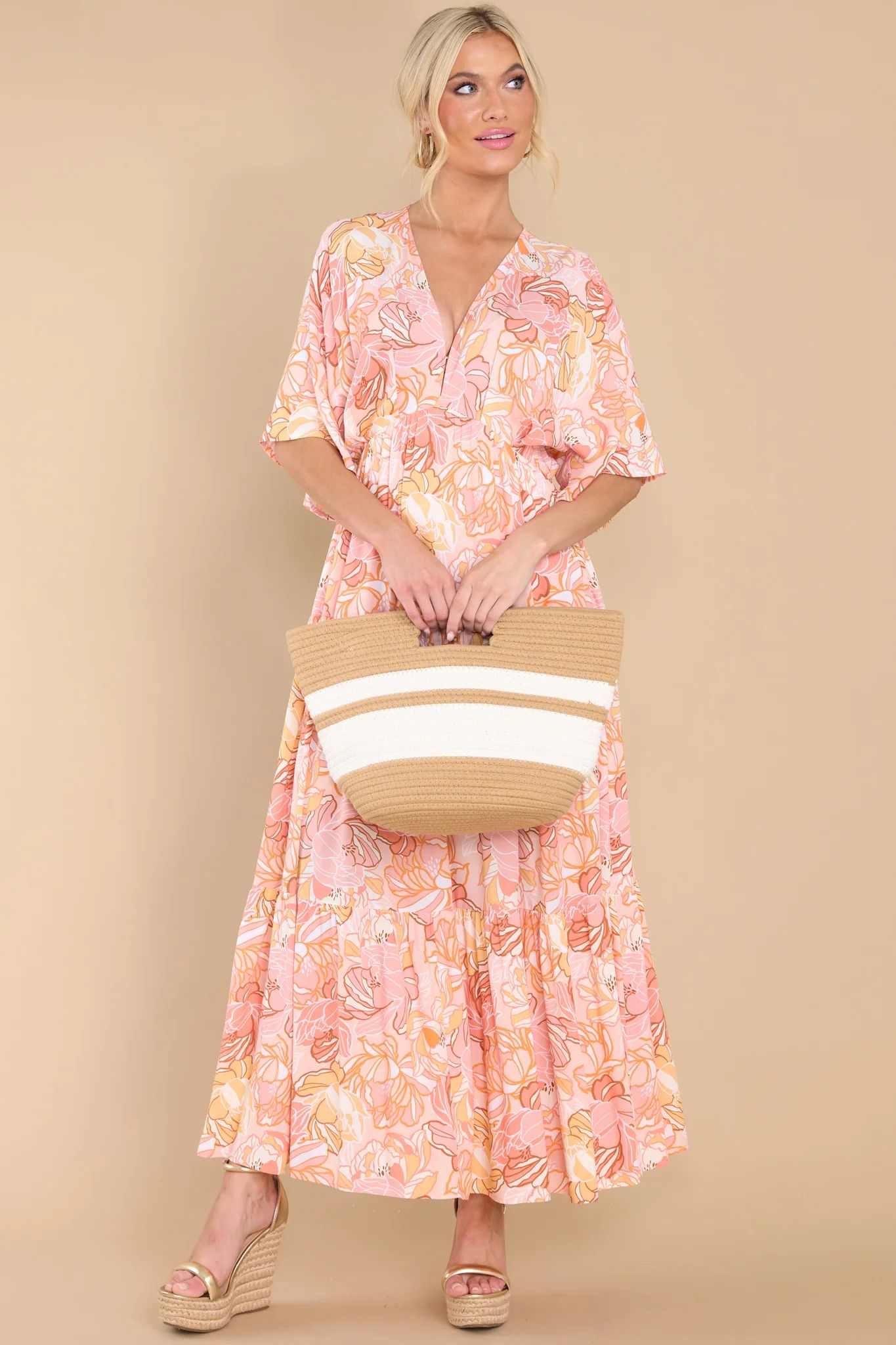 Seaside Style Apricot Floral Print Dress | Red Dress 