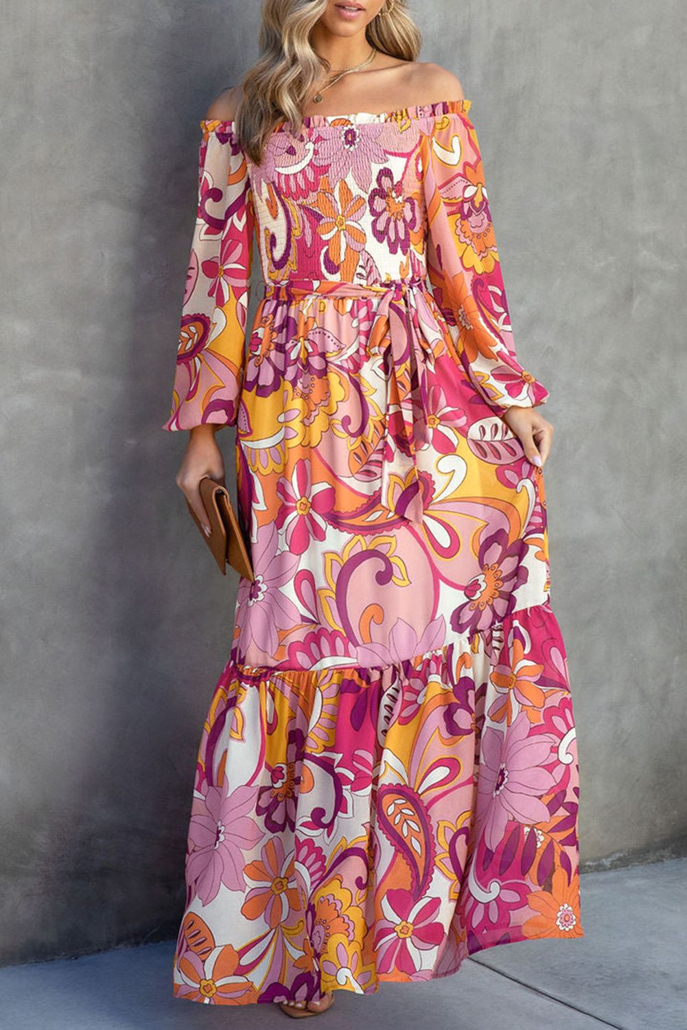 Multicolor Boho Floral Smocked Off Shoulder Puff Sleeve Maxi Dress | Shewin