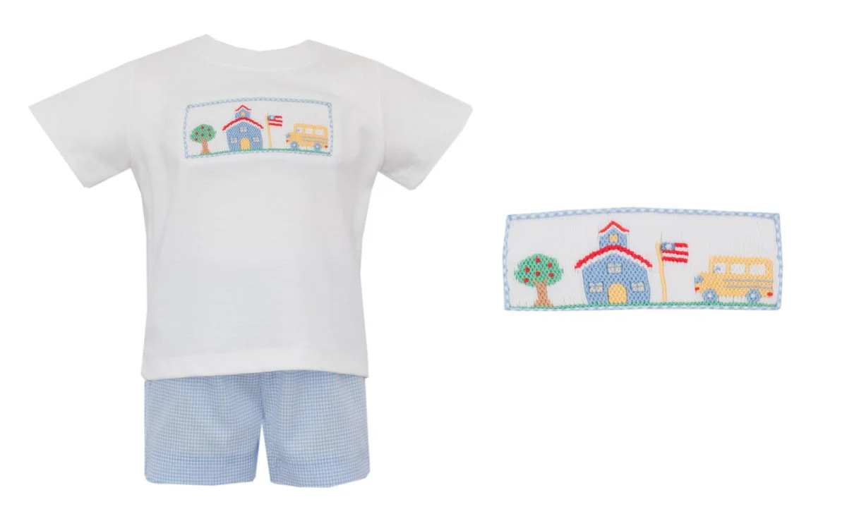 Petit Bebe Boy Short Set Smocked SCHOOL HOUSE | Persnickety