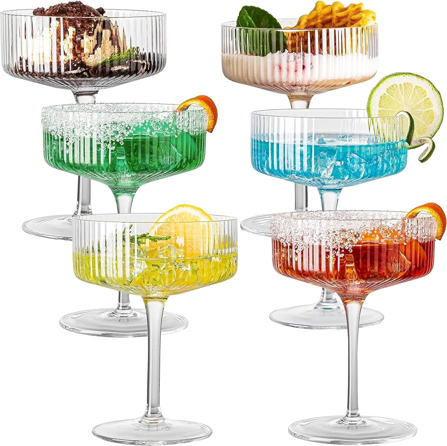 wookgreat Vintage Art Deco Coupe Glasses, Set of 6 Ribbed Coupe Cocktail Glasses, 10 oz Classic Martini Glasses, Elegant Hand Blown Manhattan Goblet  for Bar, Martini, Cosmopolitan, Gimlet, Pisco Sour | Amazon (US)