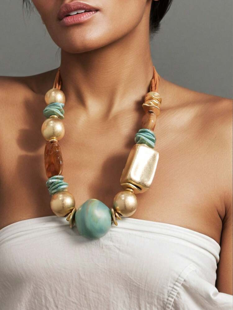 1pc Retro Bohemian Style Metal + Resin + Wood + Braided Rope Multicolor Geometric Beaded Necklace... | SHEIN