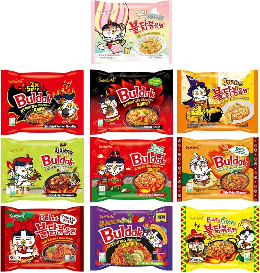 Samyang Buldak Chicken Stir Fried Ramen Korean Hot Spicy Ramen - 10 Flavor Variety Pack Cream Car... | Amazon (US)