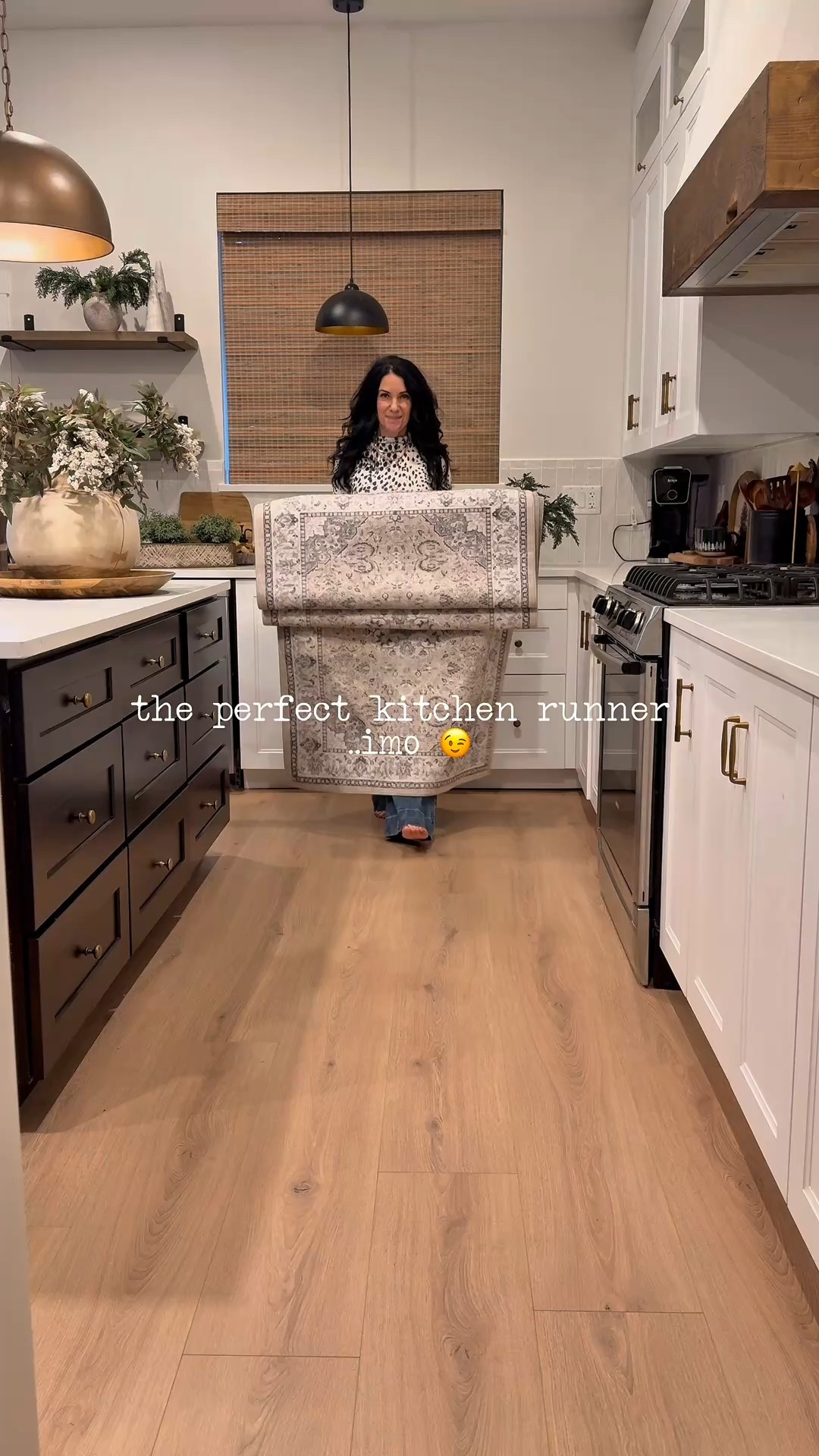 This rug checks all the boxes👏👏

✨wider than normal (3’x10’)
✨washable & stain resistant
✨super soft & cute
✨grippy and non-slip 
✨very budget friendly 
Several sizes and colors available! This is the beige..in a pretty muted vintagey pattern. 