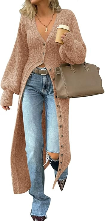 Saodimallsu Womens Long Cardigans V Neck Button Down Chunky Knit Dusters Sweater Coat Fall Trendy... | Amazon (US)