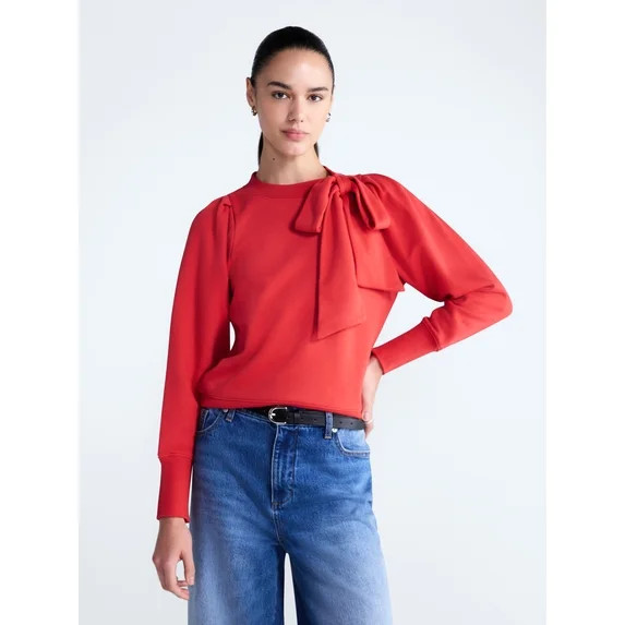 Free Assembly Women's and Women's Plus Bow Neck Sueded Terry Sweatshirt, Sizes XS-4X | Walmart (US)